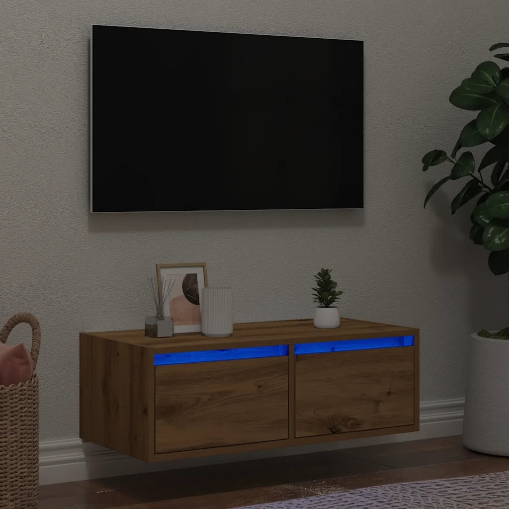 Mobile Porta TV con Luci LED Rovere Artigianale 75x35,5x25 cm 860237