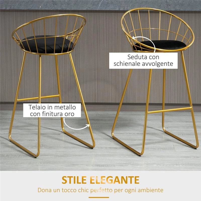 SET 2 SGABELLI CON POGGIAPIEDI E STRUTTURA IN METALLO DORATO CUSCINO IN VELLUTO