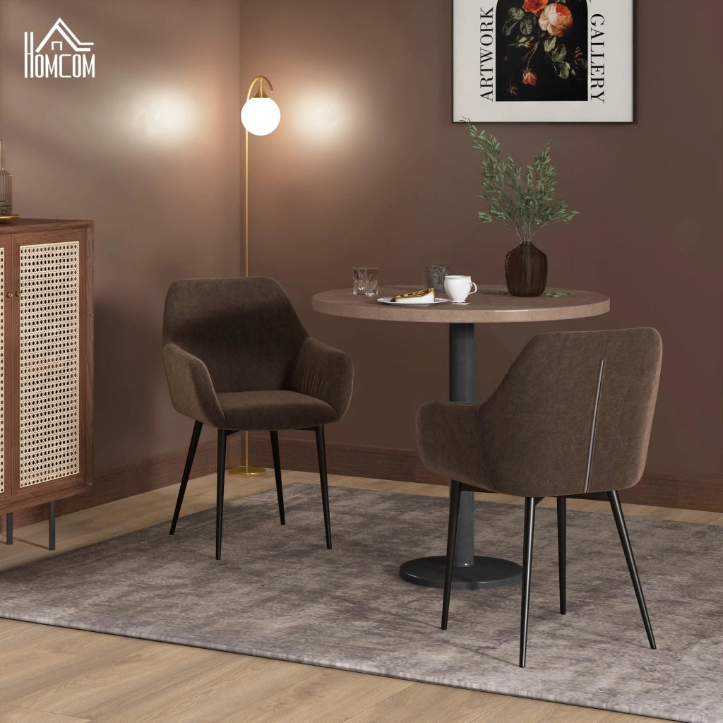 Set 2 Sedie da Pranzo Nordiche Imbottite con Braccioli Ricurvi in Tessuto Effetto Velluto, 54x57x80 cm, Marrone