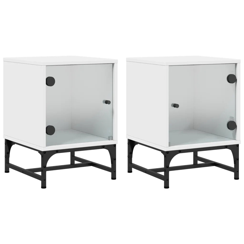Set di 2 Comodini | Armadio da Notte | Mobiletto da notte con Ante in Vetro Bianco 35x37x50 cm