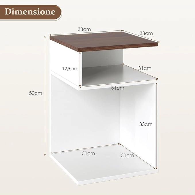 Tavolino Laterale da Salotto a Forma di S per Piccoli Spazi, Tavolino per Divano con 2 Scomparti Aperti, Comodino Moderno per Soggiorno, Camera da Letto e Studio, Bianco (2,Noce e Bianco)