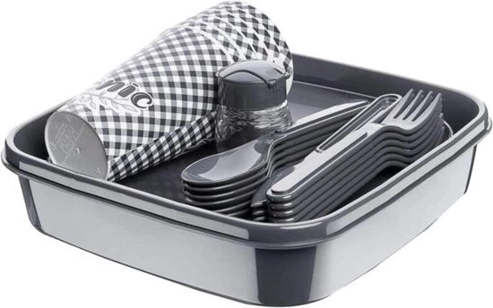Set da picnic per 6 persone, BPA-free, servizi da campeggio, forchetta, coltello, cucchiaio, piatto, bicchiere, contenitore da picnic, borse da picnic