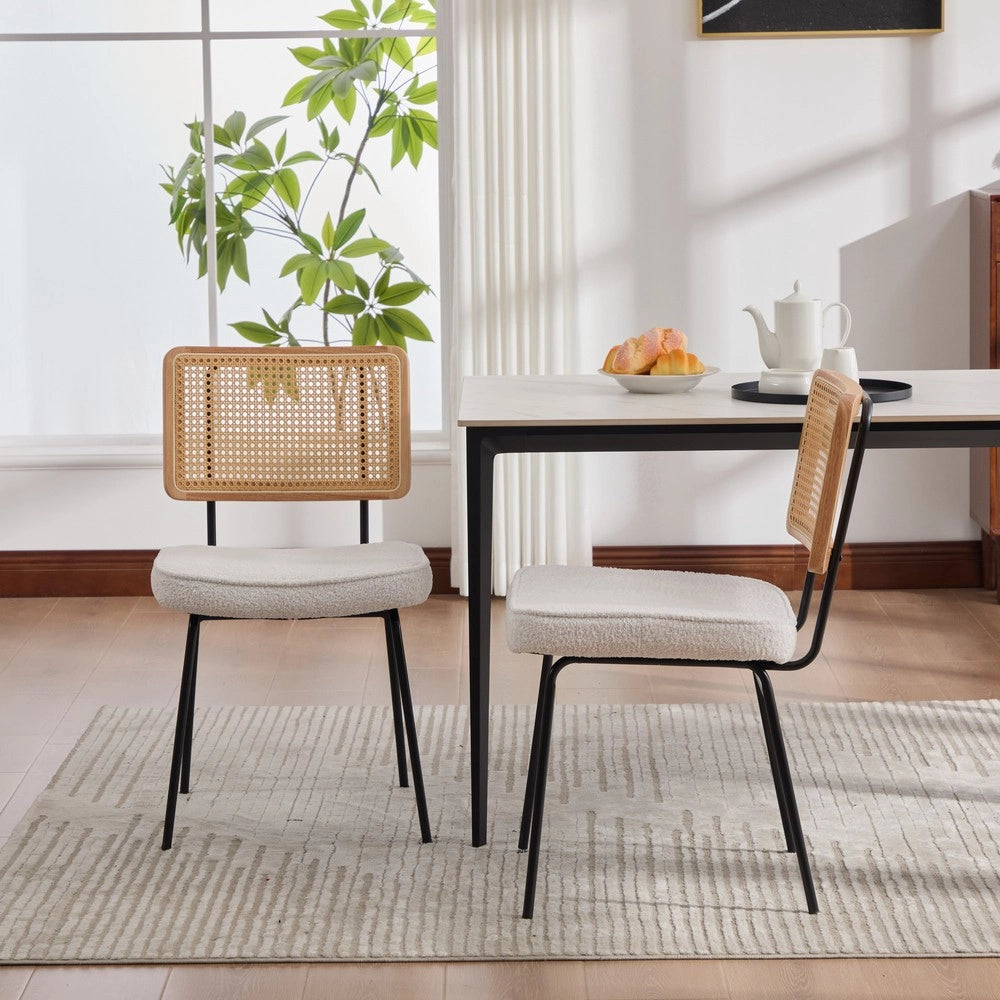 Sedie da Pranzo Set 2 Pezzi ¨C MINIMAL ¨C Velluto Chenille, Schienale Legno Massello, Gambe Metallo, Effetto Rattan, Avorio