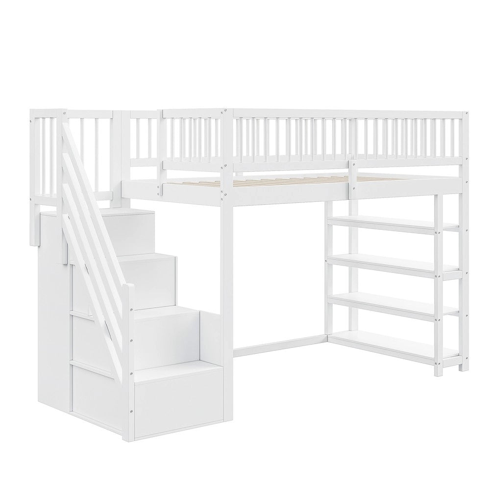 Letto a Soppalco con Armadio e Scaffali ¨C MINIMAL ¨C Massello Bianco 90x200