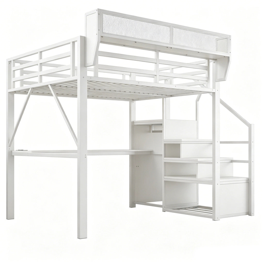Letto a soppalco 140x200 cm con scrivania, LED e ripiani in metallo bianco