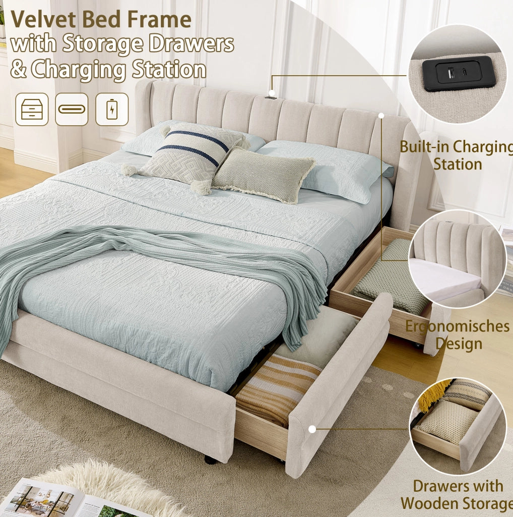 Letto matrimoniale 140x200 cm con 4 cassetti laterali; porte USB e USB-C; chenille beige