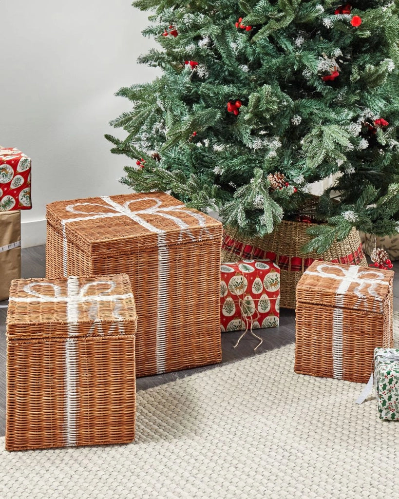Scatole regalo decorative in rattan marrone Set di 3 scatole quadrate di varie dimensioni Design rustico