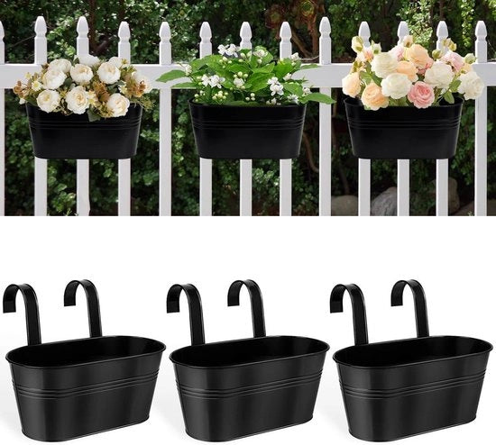 Set di vasi da fiori appesi da 28cm - Set di 3 vasi metallici neri da fiori da appendere per interni ed esterni con ganci rimovibili e fori di drenaggio - Adatto per recinzioni e balconi, 28cm
