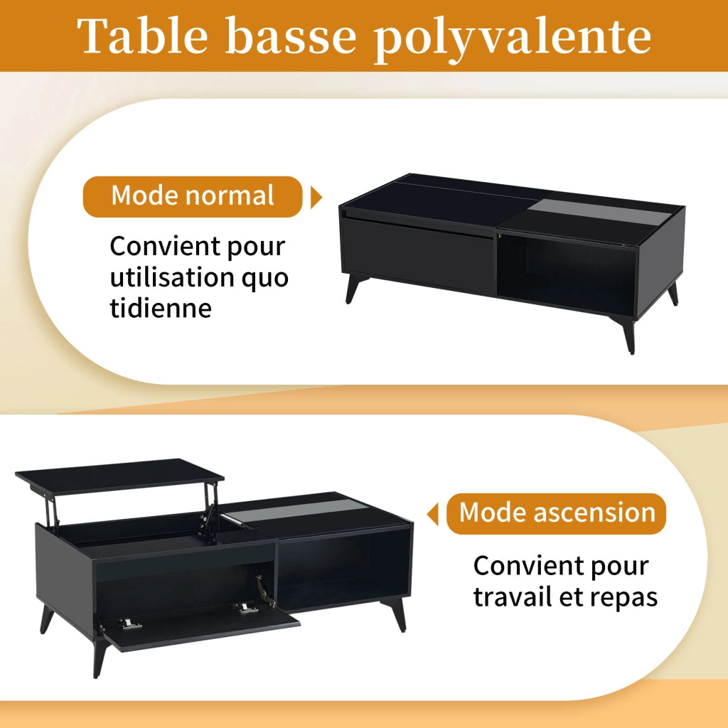 OKWISH Tavolino da Salotto con Piano Sollevabile, Vano Contenitore e Ripiani Aperti, Finitura Lucida, Nero, 110 x 50 x 48 cm