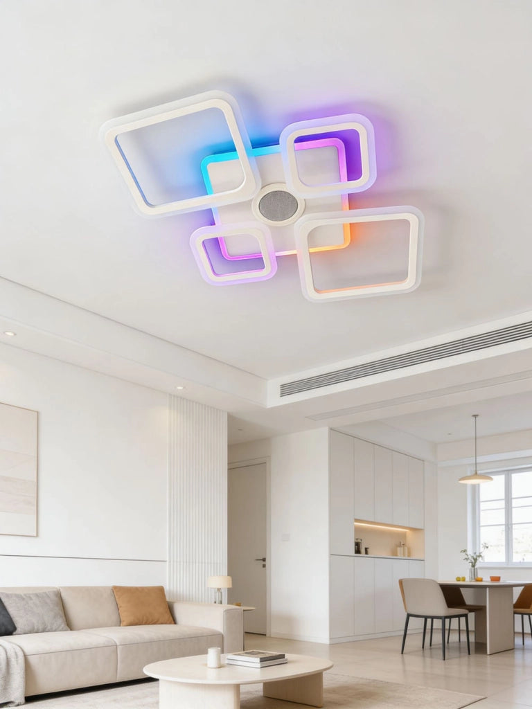 Plafoniera LED Smart 70W RGB+CCT con Cassa Bluetooth Dimmerabile 725x455mm Bianca con Telecomando e App