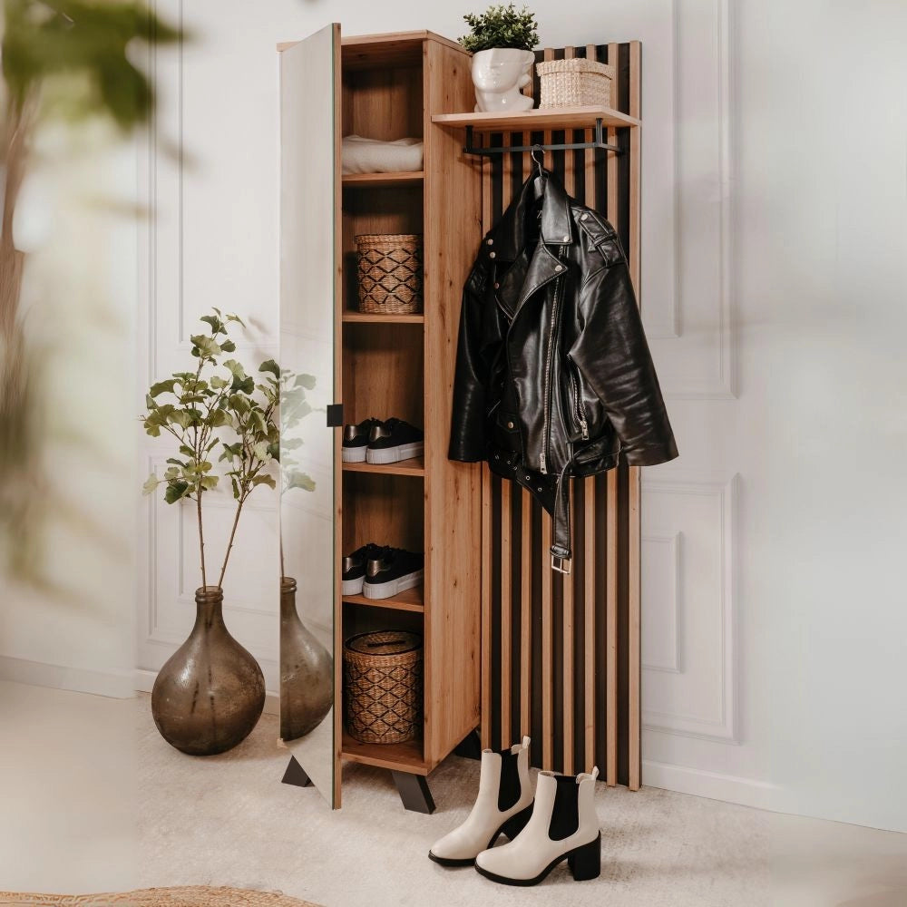 Mobile ingresso con frontale cannettato e anta a tutto specchio Medan42A colore quercia antracite 80x37x190H
