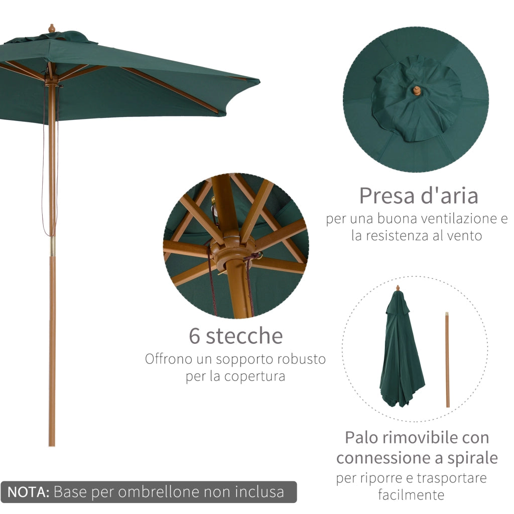 Ombrellone da Giardino 2.5x2.3m a 6 Stecche, in Legno e Poliestere, Verde Scuro