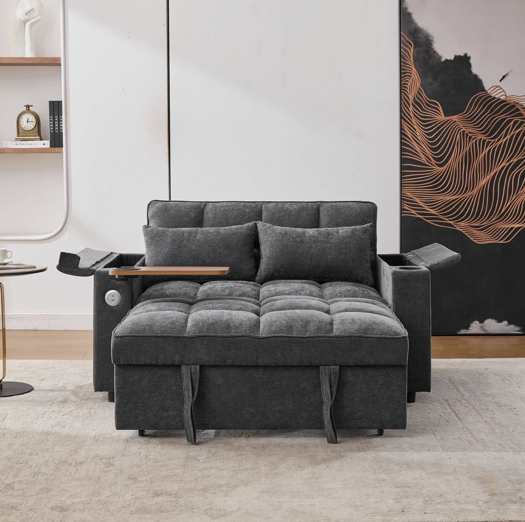 Divano letto trasformabile con schienale regolabile; porte USB e Type-C in tessuto grigio