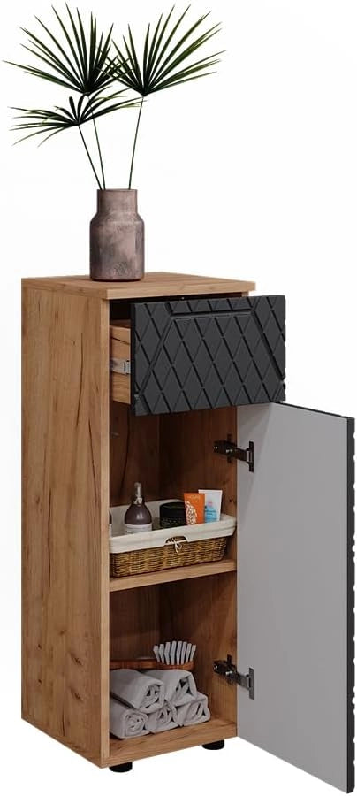 Mobiletto bagno Irma, Antracite con struttura a nido d'ape, 30 x 81 cm con 1 cassetto, 2 scomparti, per la conservazione in bagno, abbinabile alla serie Irma