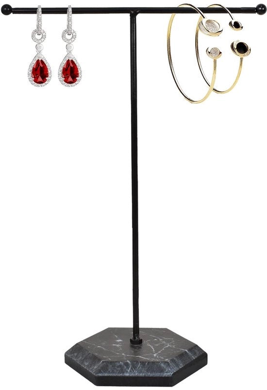 Sostegno per gioielli in metallo a forma di T, standard per collane, organizzatore per orecchini, albero per gioielli, supporto per collane, organizzatore per gioielli, area di stoccaggio per bracciali, orecchini, anelli e collane (nero)