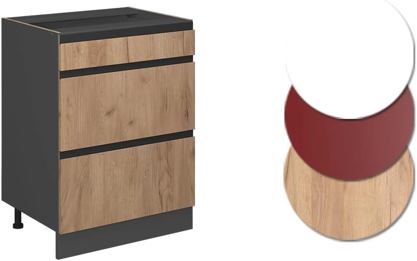 Mobiletto base per cucina R-Line, Quercia dorata, 60 cm Forma a J, con cassetti, senza piano di lavoro, per la libera combinazione all'interno di sistemi cucina modulari