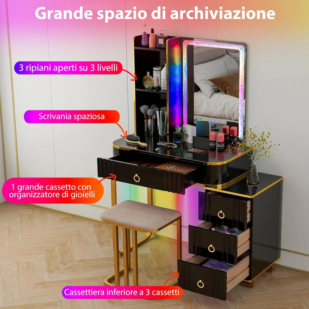 Toeletta da Trucco con Luci, Set Tavolo da Trucco con Sgabello 4 Cassetti, 7 Colori Regolabili di Luce, Porte USB, Telecomando, per Soggiorno Camera da Letto (Nero)
