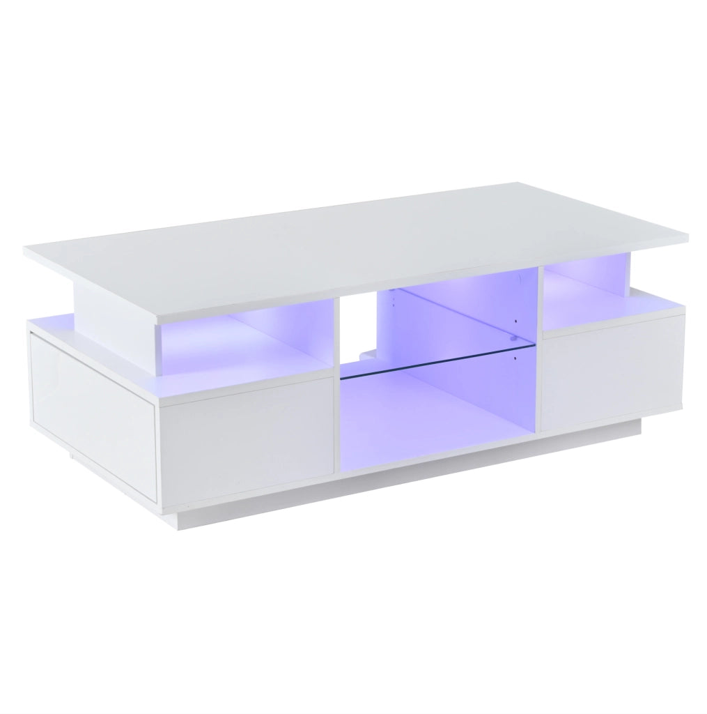 Tavolino da caffè 100 x 50 x 36 cm con LED; 2 cassetti e ripiani in vetro; bianco lucido
