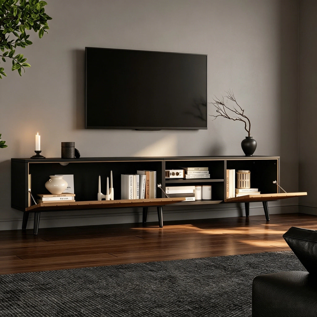 Mobile TV 180x33,5x45 cm con Ante e Passacavi ¨C MINIMAL ¨C Bianco/Nero/Legno