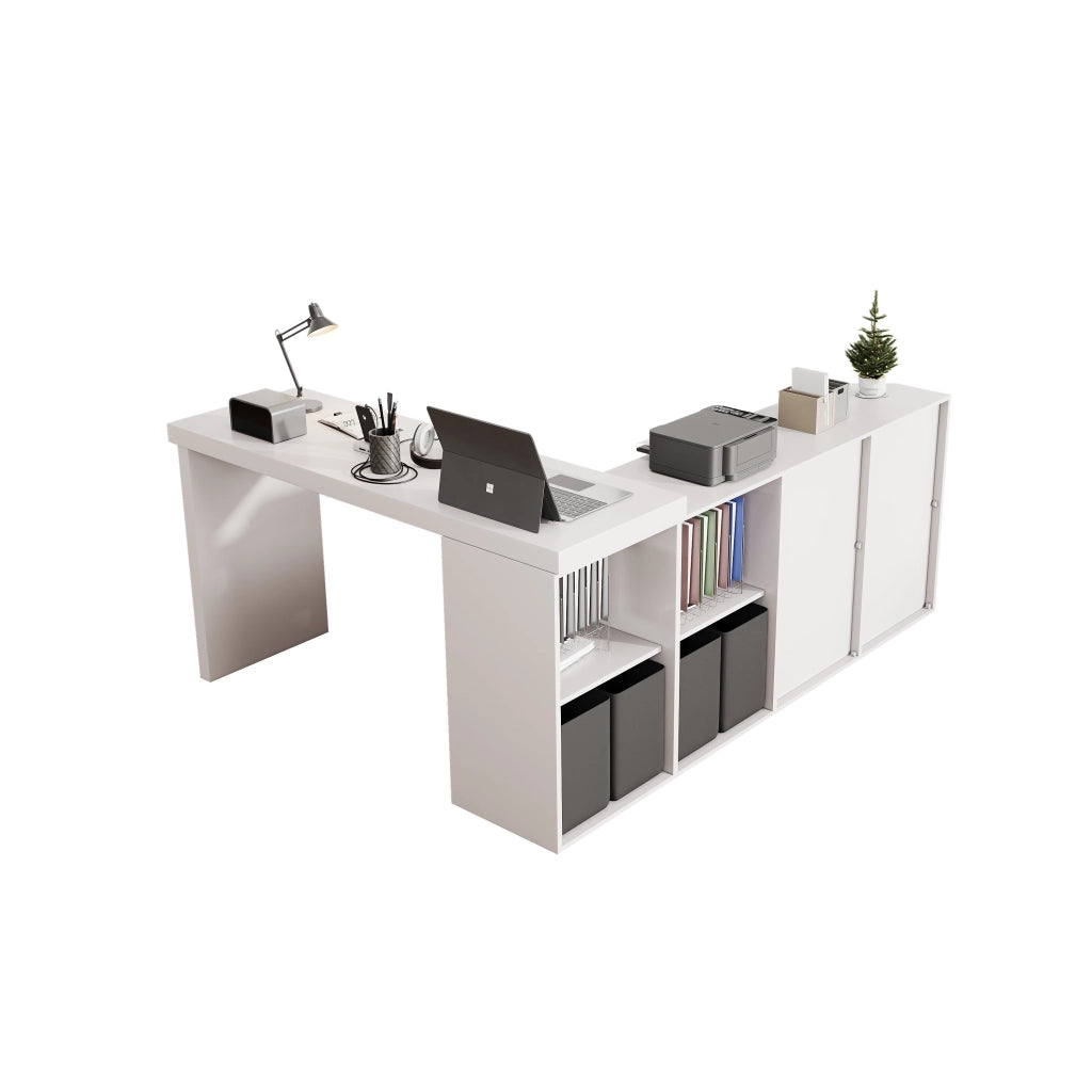 SCRIVANIA girevole 360° L 120x48x78 cm MDF bianco con 8 scomparti