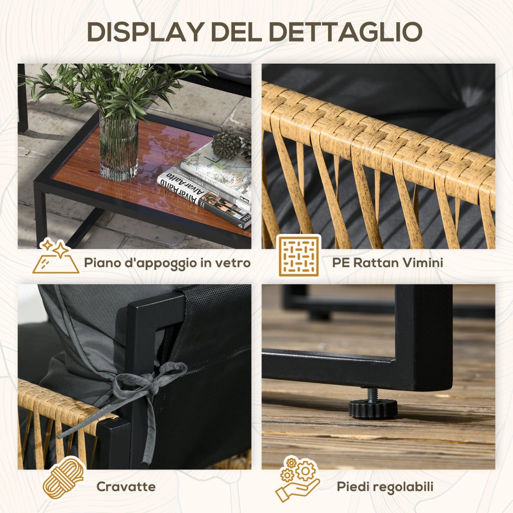 Set da Giardino 4 Pezzi in Rattan con Divanetto, 2 Sedie e Tavolino da Caff¨¨, Grigio e Marrone