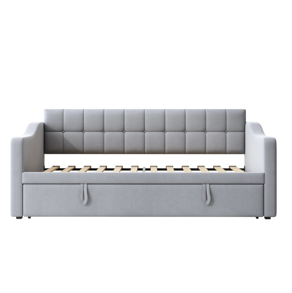 Letto imbottito estraibile 90x190 cm in velluto grigio chiaro con porte USB