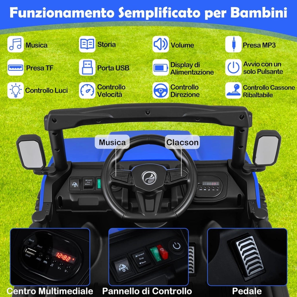 12V Macchina Elettrica per Bambini 2 Posti, Auto Elettrica con Cassone Ribaltabile, Telecomando, Musica, Storie, Luci LED e Sospensione a Molla, Giocattolo per Bambini 3-8 Anni (Blu Navy)