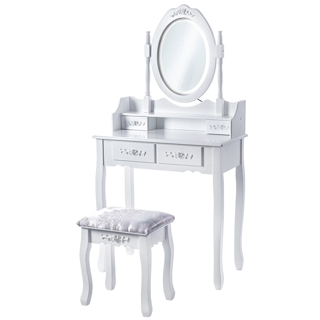 Tavolo da trucco KADAX con specchio e sgabello, bianco, 75x147 cm