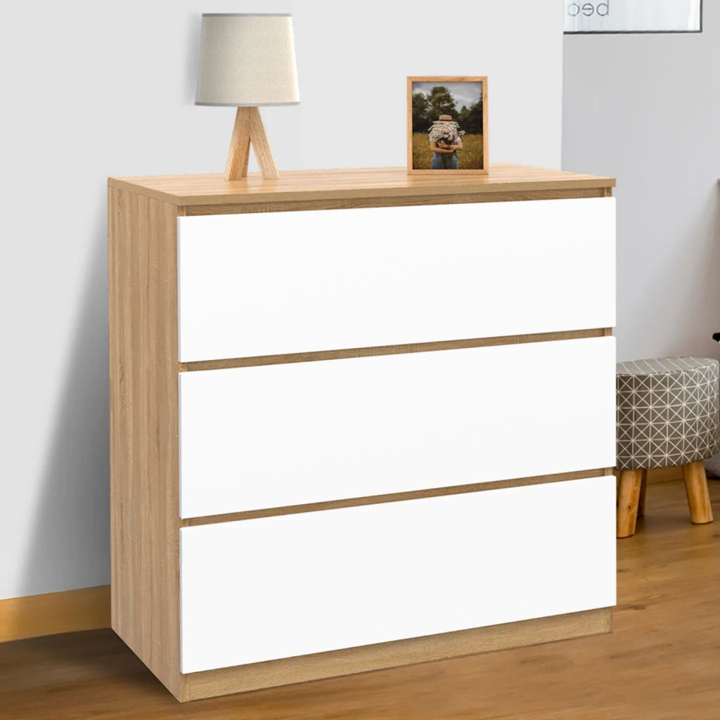 IDMarket - Cofre de 3 cajones TOMI 78 cm en haya y blanco