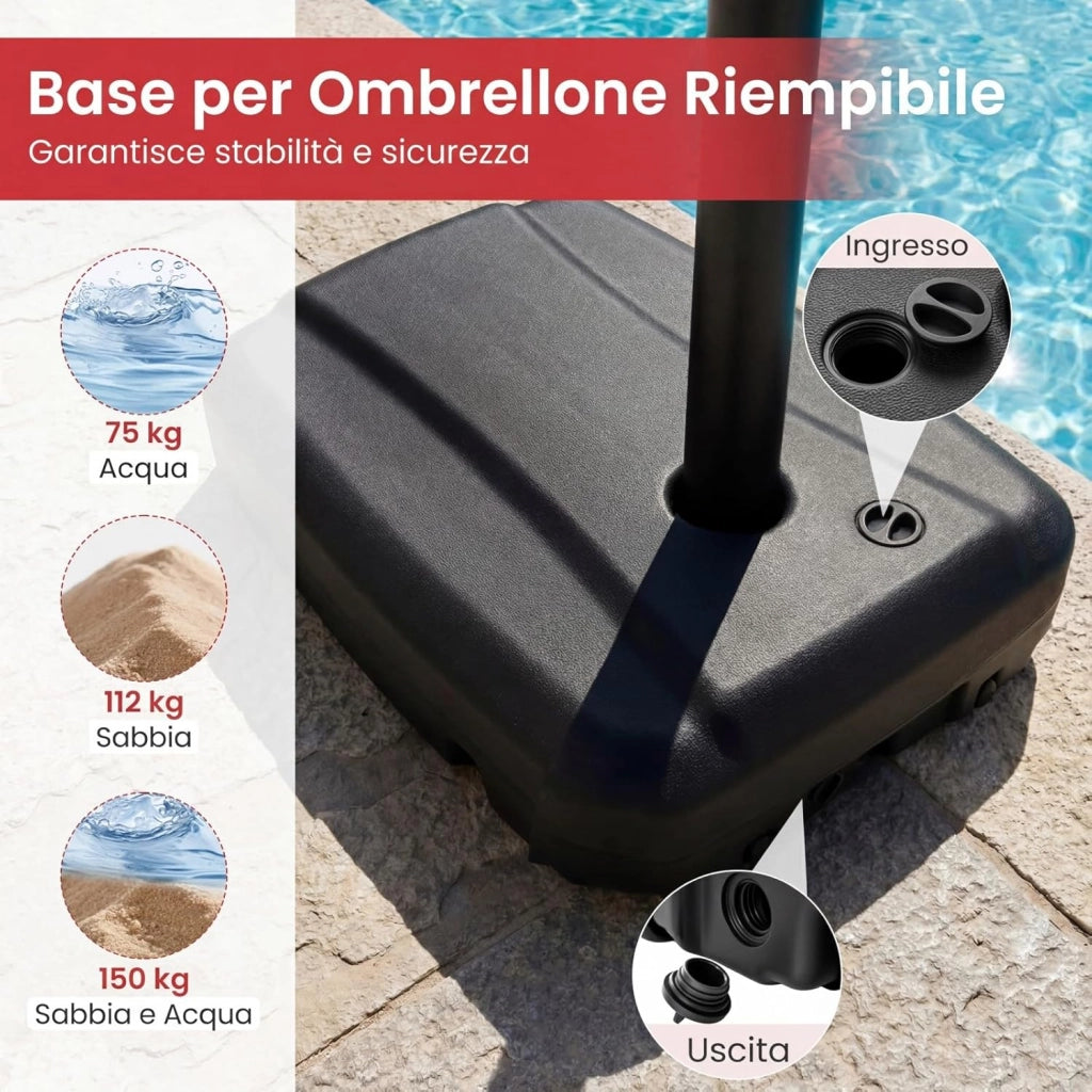 Base per Ombrellone da Patio a 102 kg/150 kg, in Plastica HDPE con Ruote, Supporto Quadrato per Ombrellone Riempibile con Acqua o Sabbia, per Esterno, Balcone, Spiaggia (150, Chilogrammi)