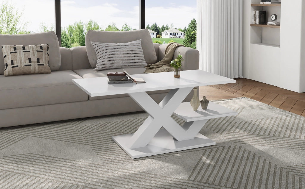 Tavolino da caffè rettangolare 100x48x45 cm in MDF bianco lucido con doppio ripiano