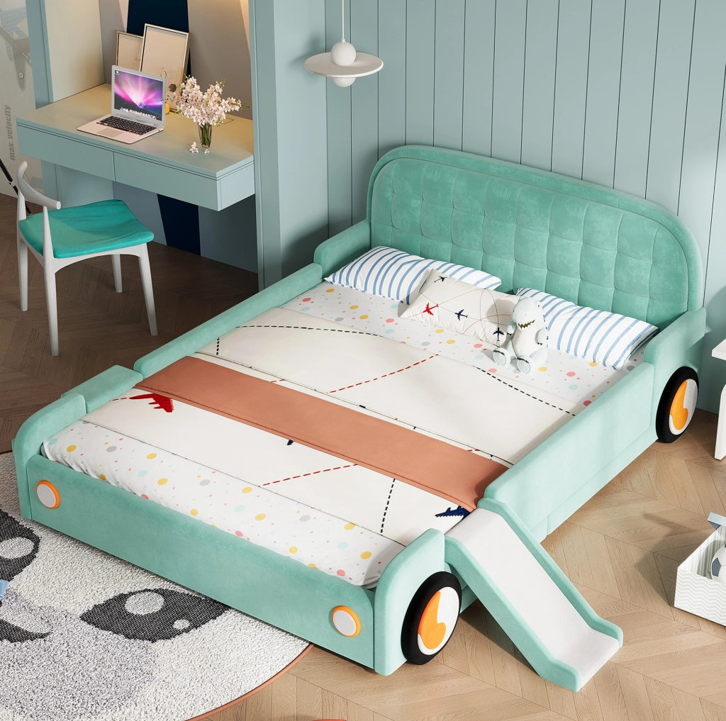 Letto per bambini 140x200 cm a forma di auto con scivolo e scala in velluto blu-verde