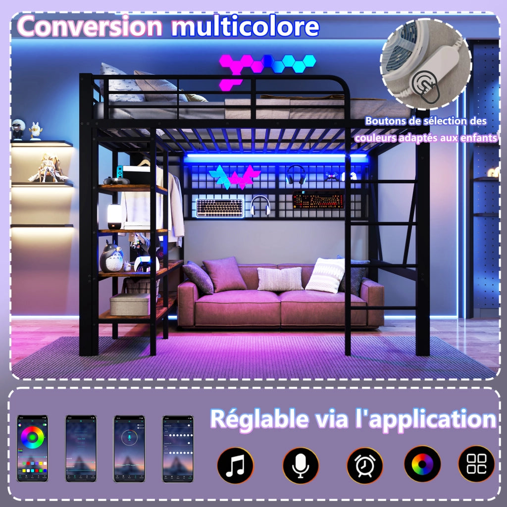 Letto a soppalco matrimoniale 140×200 cm con LED regolabile; ripiano; rete portaoggetti e appendiabiti; senza materasso