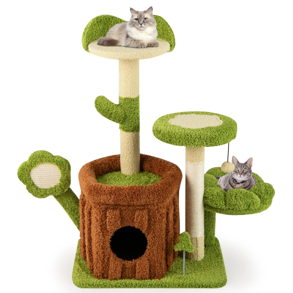Torre multilivello per gattini con condominio tronco e letto imbottito, Centro di attivit¨¤ da interno per animali Verde-Alberi Tiragraffi