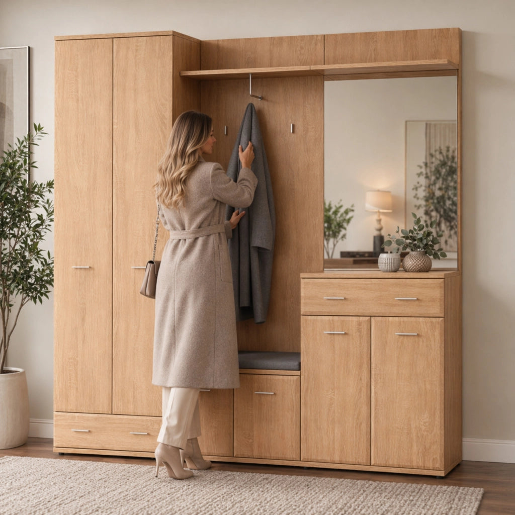 Mobile Ingresso Completo 180 cm Set Entrata con Panca Portascarpe, Appendiabiti Specchio e Armadio Guardaroba Design Moderno Salvaspazio per Corridoio Rovere 180x32x203 cm