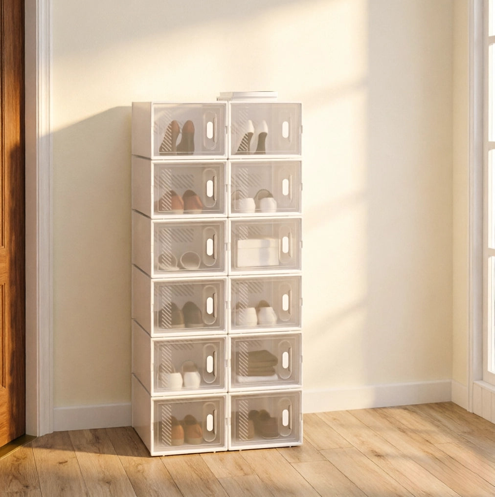Set di 12 Scatole Impilabili per Scarpe in Plastica Trasparente e Bianco 25x18,5x35,5 cm