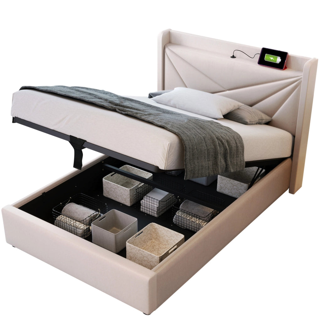 Letto singolo con contenitore e ricarica USB Tipo C 90x200 cm in cotone e lino beige