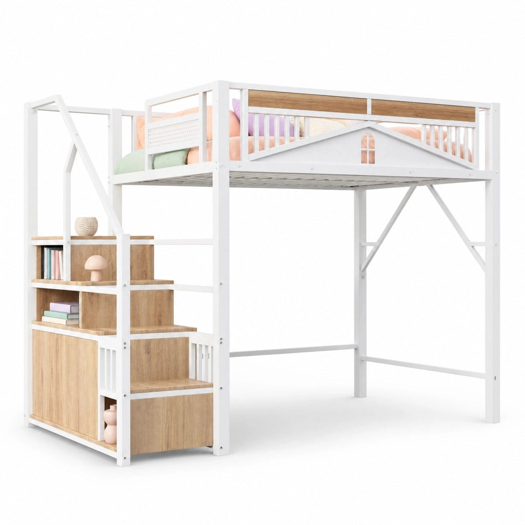 Letto a soppalco 140x200 cm in metallo e legno bianco