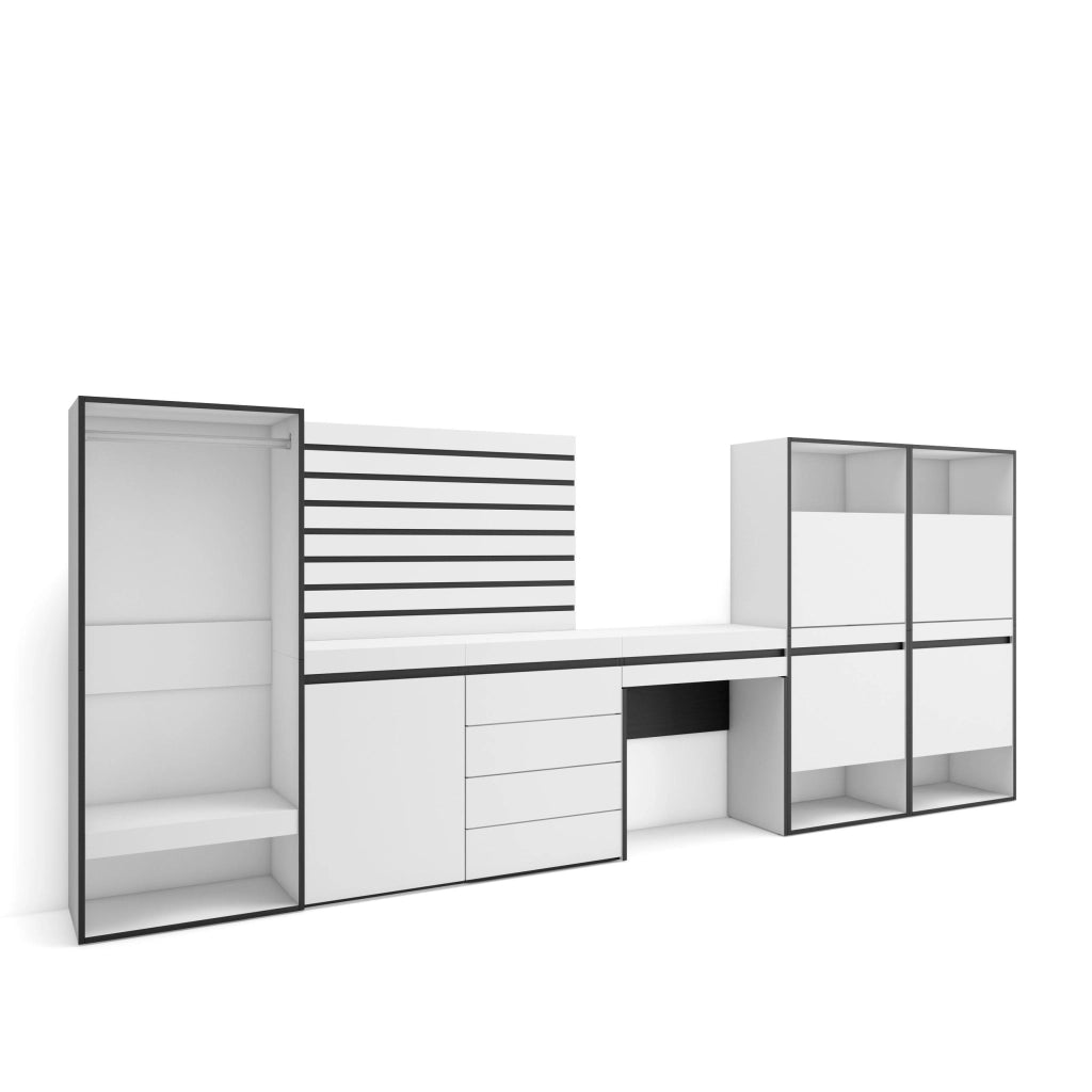 Scarpiera, 357x35x145cm, Camera da letto, Armadio Aperto, Cassettiera, Pannelli Decorativi, Tavolo da toeletta, Bianco RF3508