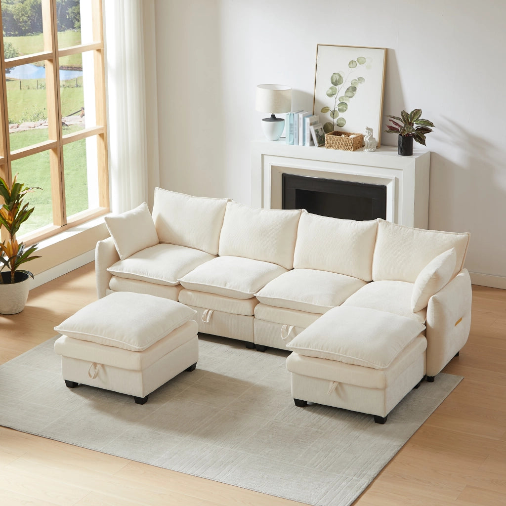 Divano U Modulare con Contenitore ¨C MINIMAL ¨C Velluto Chenille, Cuscini, Braccioli, Legno Massello