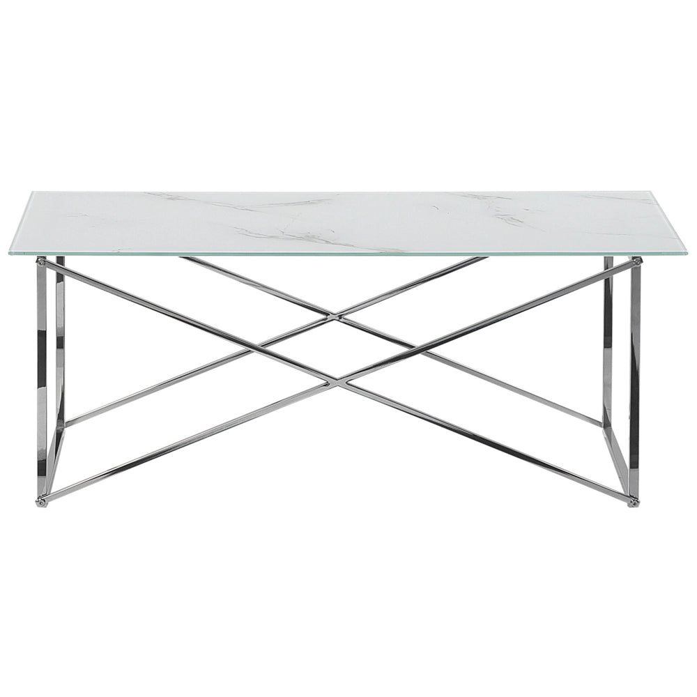 Tavolino Rettangolare Effetto Marmo Piano Bianco Gambe Argento Piano Vetro Temperato Base Acciaio Inox 100 x 50 cm Glam Minimalista