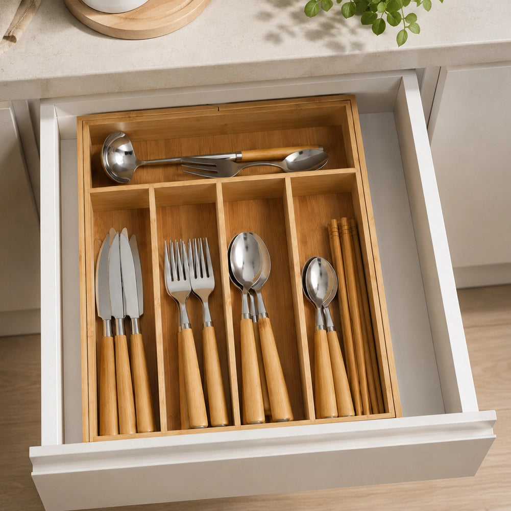 Portaposate Estensibile in Bambù Porta Posate Organizer da Cucina 46x33.5x6cm