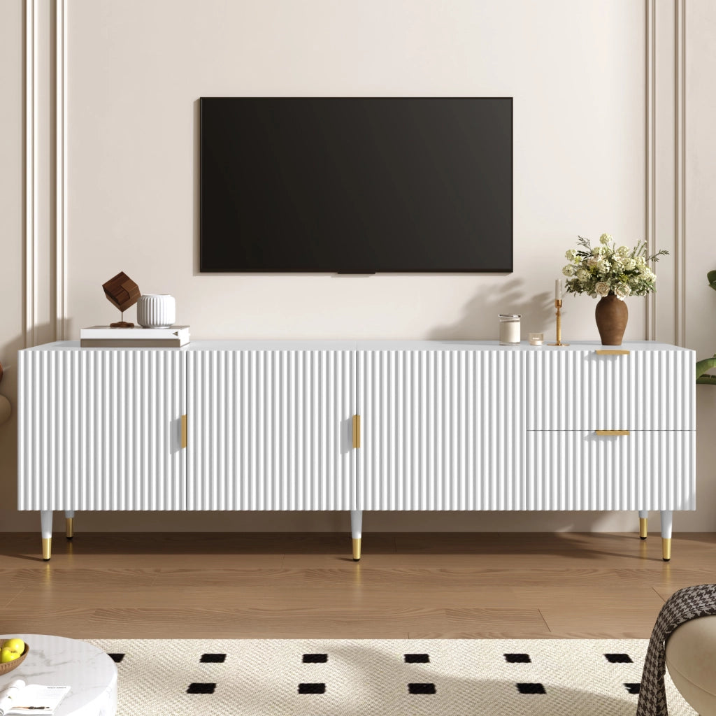 Mobile TV bianco 170 cm a 3 ante con cassetti, piedini regolabili e dettagli oro