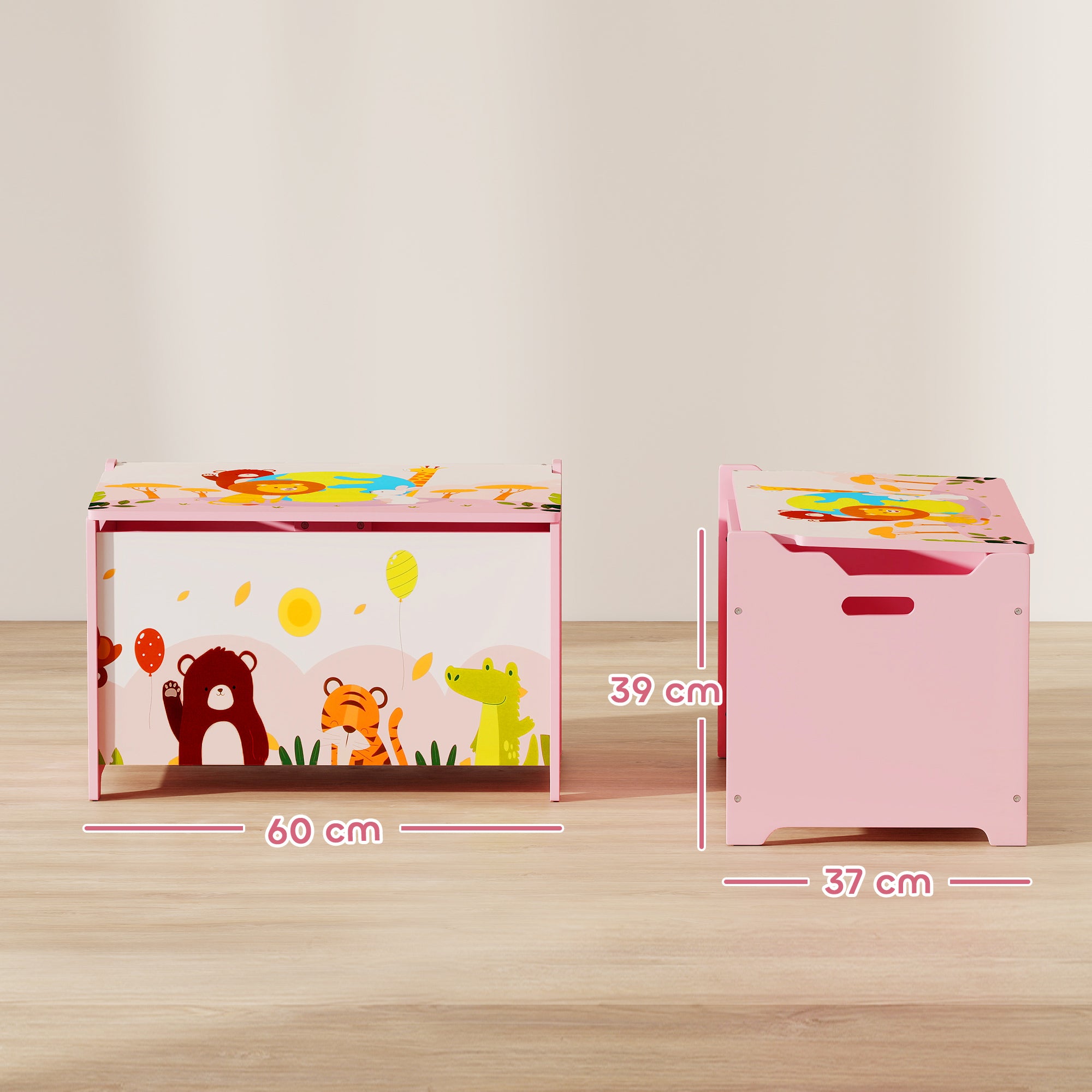Baule Portagiochi per Bambini Tema Animali 60x37x39 cm con Cerniere di Sicurezza in Legno Rosa