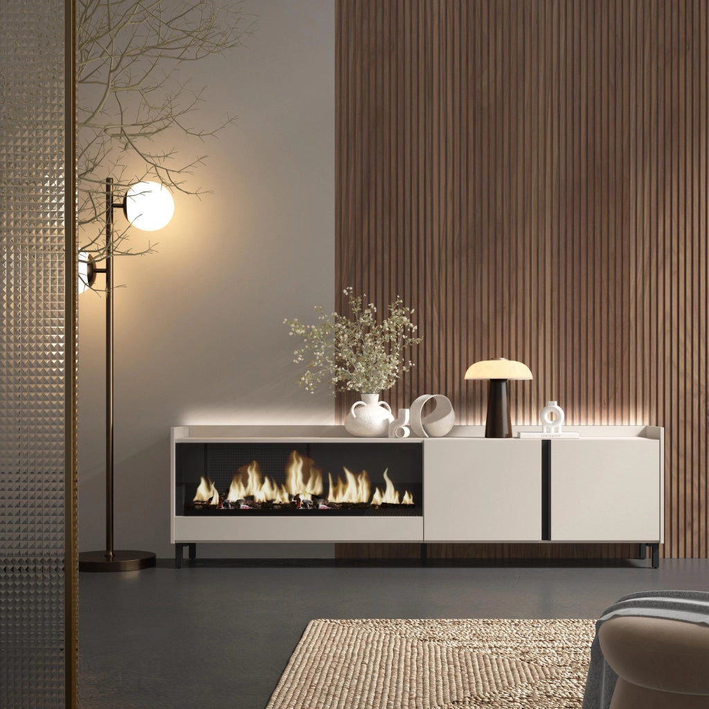 Mobile TV Soggiorno, 212x61x35 cm, Per TV fino a 80", Camino elettrico XXL, Design industriale, LED, Beige