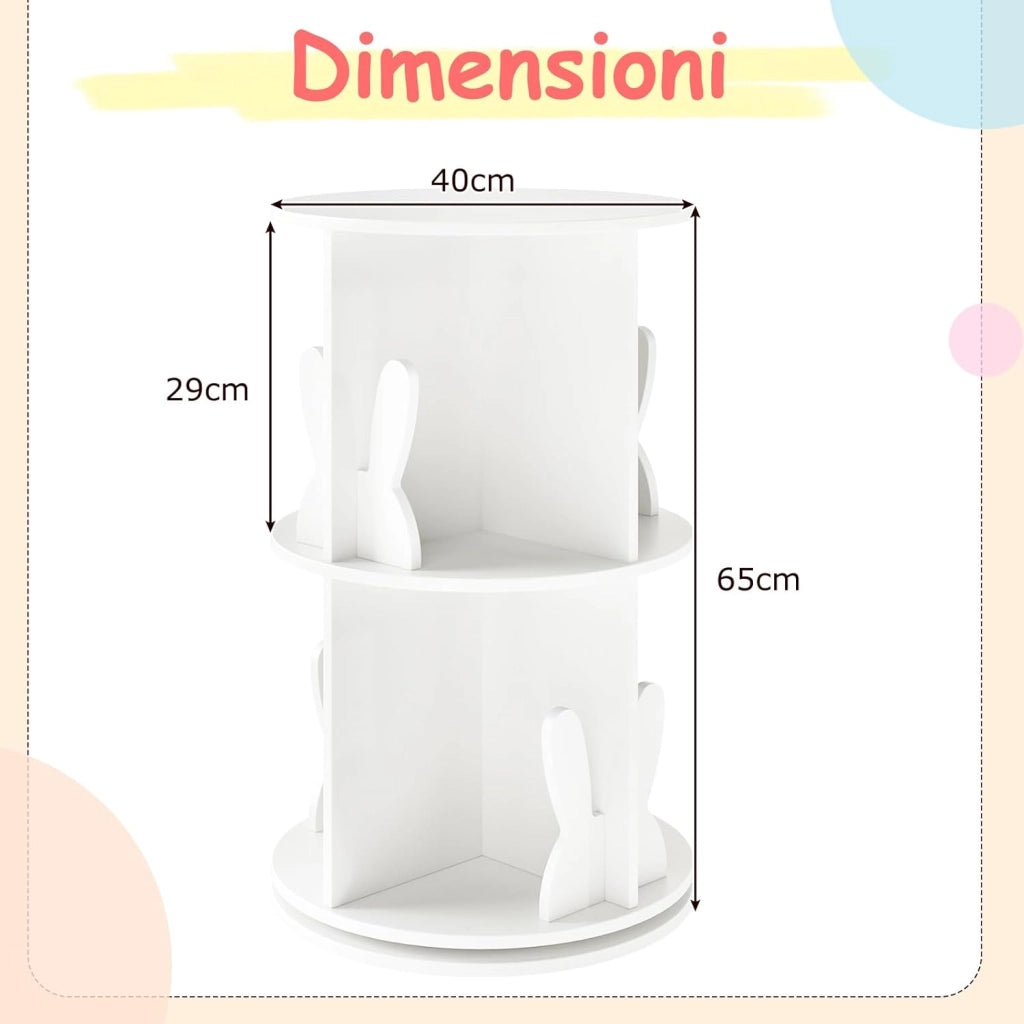 Libreria Girevole per Bambini, Scaffale Moderna in Legno a 2 Ripiani, Libreria Salvaspazio per Soggiorno, Camera da Letto e Studio, 40 x 65 cm (Bianco)
