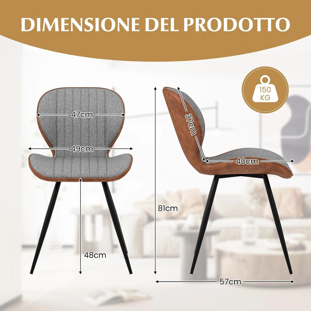 Set di 2 Sedie da Pranzo, Sedia da Pranzo Senza Braccioli, Sedia con Schienale Curvo, Piedini Antiscivolo, Sedia da Cucina con Gambe in Metallo, Portata 150 kg, 57 x 49 x 81 cm
