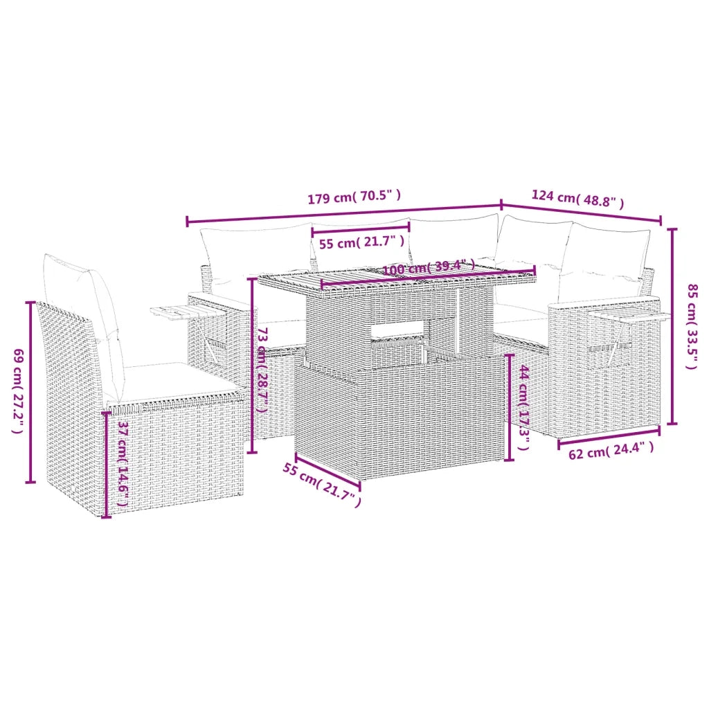 Set Divano da Giardino 6 pz con Cuscini Grigio in Polyrattan