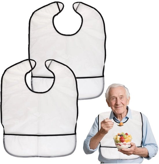 Slabbetjes per due per adulti, 2-pack di slabbetjes idrorepellenti per anziani, lavabili, slabbetjes TPU per adulti con cattura residui, protettore di abbigliamento unisex per madre e padre, anziani con disabilità (bianchi)