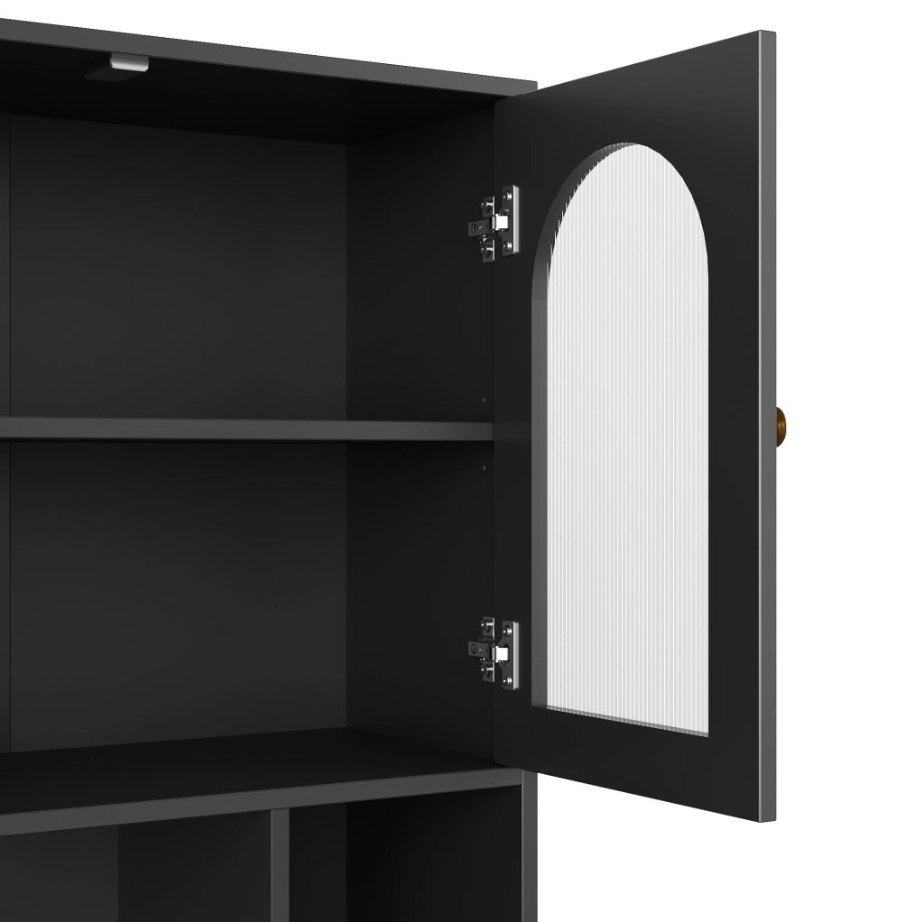 Credenza alta 106x30x175 cm in MDF nero， LED APP e contenitore cucina